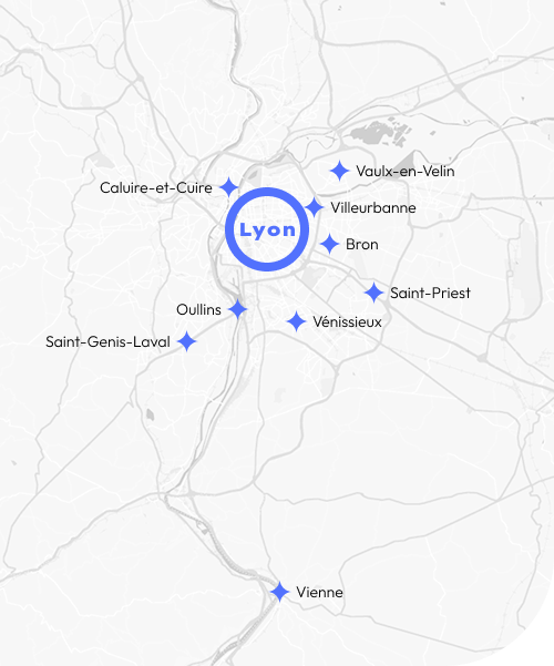 Carte du grand Lyon avec les lieux d'intervention de Clair & Nett